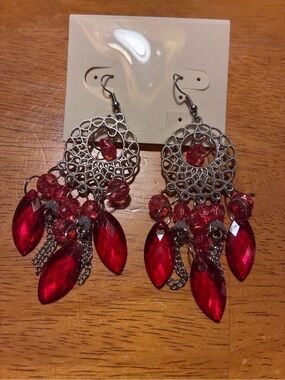 Silver-Tone Filigree Chandelier Earrings with Pink Crystal Drops